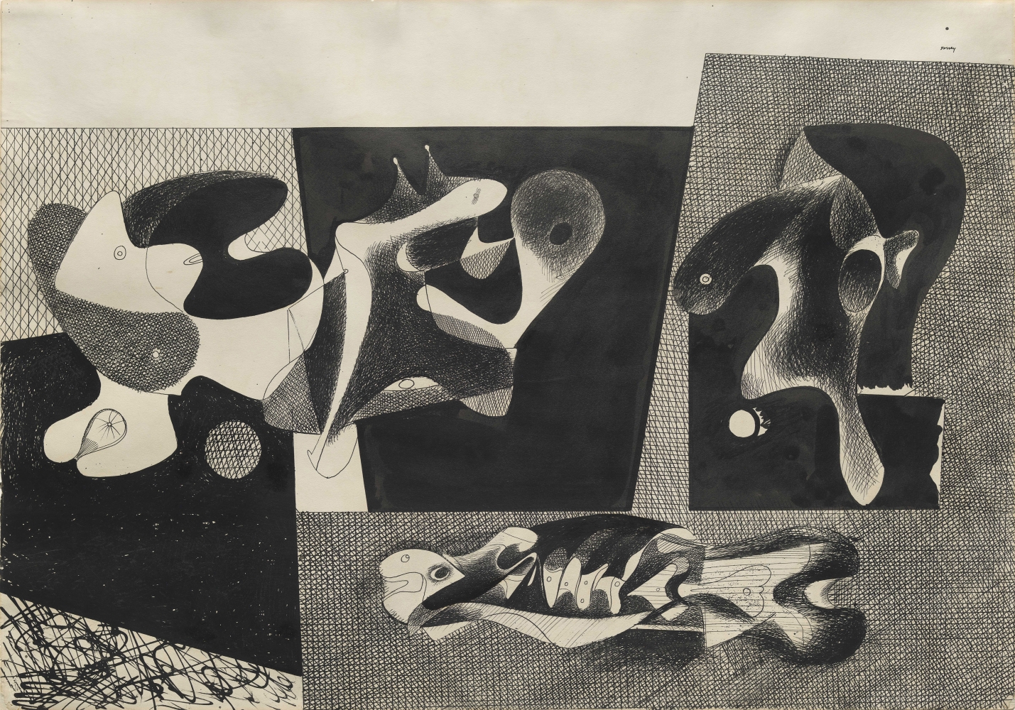 Nighttime, Enigma, and Nostalgia: Fish and Head, c. 1932, ink on paper, 20 1/8 x 28 3/4 in. (51.1 x 73 cm). Hirshhorn Museum and Sculpture Garden, Smithsonian Institution, Washington, D.C., Joseph H. Hirshhorn Purchase Fund, 00.6. Photo: Alex Jamison; Hirshhorn Museum and Sculpture Garden. [AGCR: D0187]