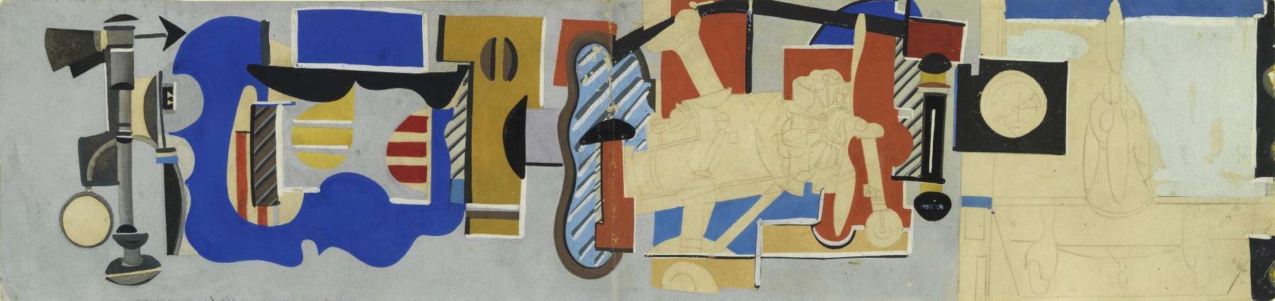 Drawing for&nbsp;Man&#039;s Conquest of the Air, Aviation Building, 1939 New York World&#039;s Fair, c. 1938&ndash;39, gouache and graphite pencil on paper, 5 7/8 x 23 7/8 in. (14.9 x 60.6 cm). Private collection. [AGCR: D0636]