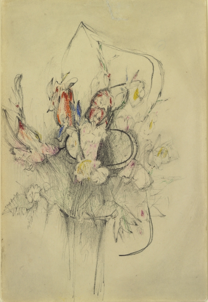 Vase with wild flowers with spots of pink, red, blue and yellow