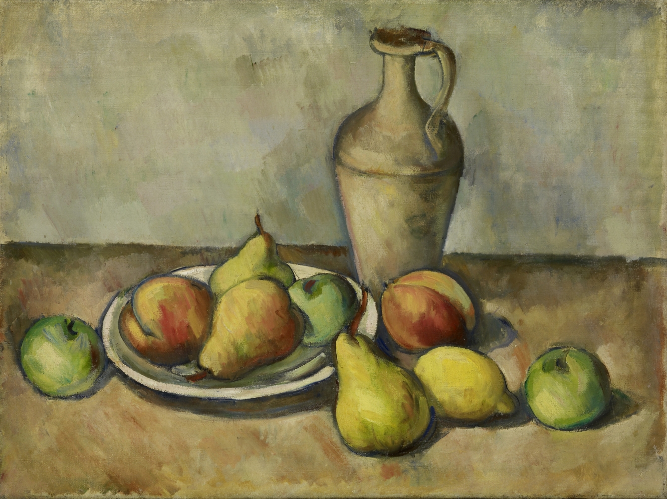 Still life on a table with apples, pears, a white plate, and a ceramic urn rendered in oil paint in muted colors in the style of Paul Cezanne
