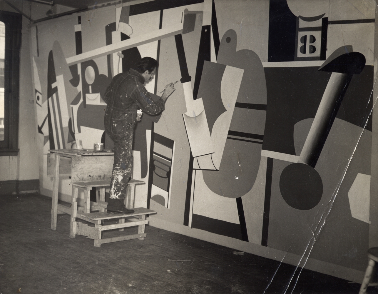Gorky at work on Activities on the Field, his mural project for the Newark Airport, 1936. New York Federal Art Project. Photograph by Eisman.