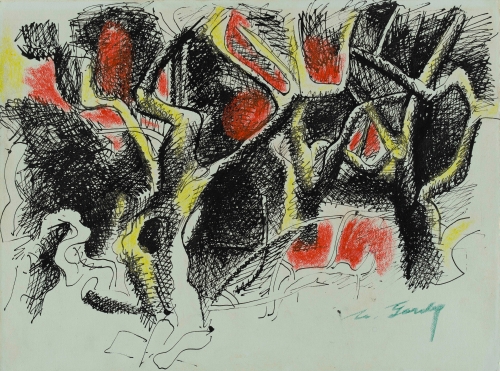 Schary&#39;s Orchard, 1942, ink and crayon on blue paper, 11 3/4 x 15 1/2 in. (29.8 x 39.4 cm). Private collection. Photo: Edward C. Robison III. [AGCR: D0967]
The first owner of this drawing was Saul Schary.