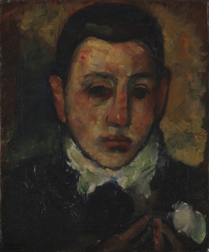 Front-facing self-portrait of the artist as a young boy wearing a white-collared shirt in the style of Paul Cezanne