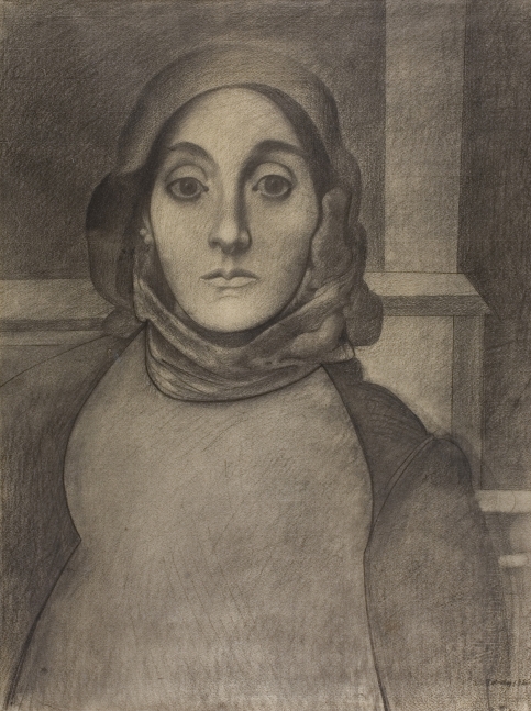 Front-facing portrait of a woman with large eyes wearing a shawl in front of an architectural background with a column