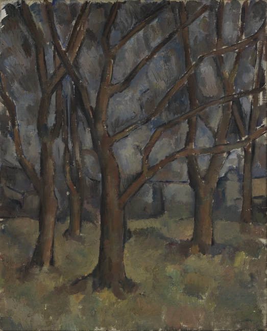 Landscape of five leafless trees rendered in oil paint in muted colors in the style of Paul Cezanne