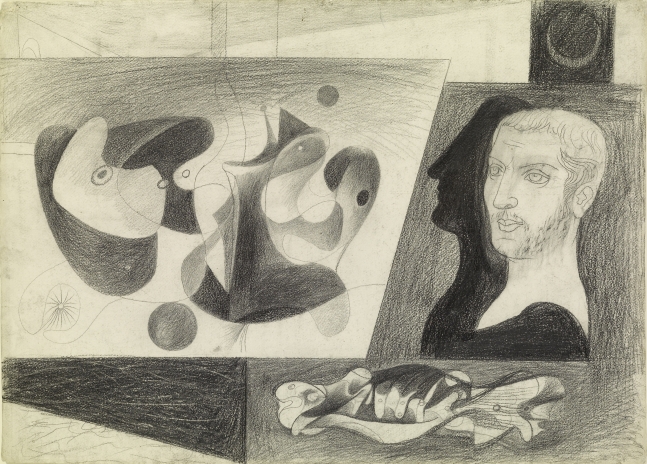 Nighttime, Enigma, and Nostalgia: Fish and Head, c. 1931, graphite pencil on paper, 21 3/8 x 30 1/8 in. (54.3 x 76.5 cm). Private collection. [AGCR: D0181]