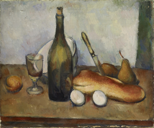 Still life on a table with glass cup, glass bottle, bowl, two white eggs, loaf of bread, knife and two pears rendered in oil paint in muted colors in the style of Paul Cezanne
