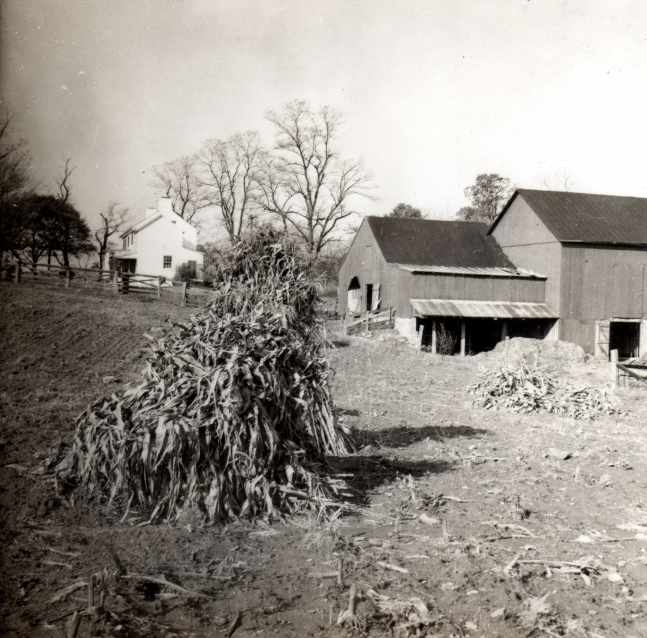 Hay bale in a rural landscape with a barn, leafless trees, and a farmhouse in the distance